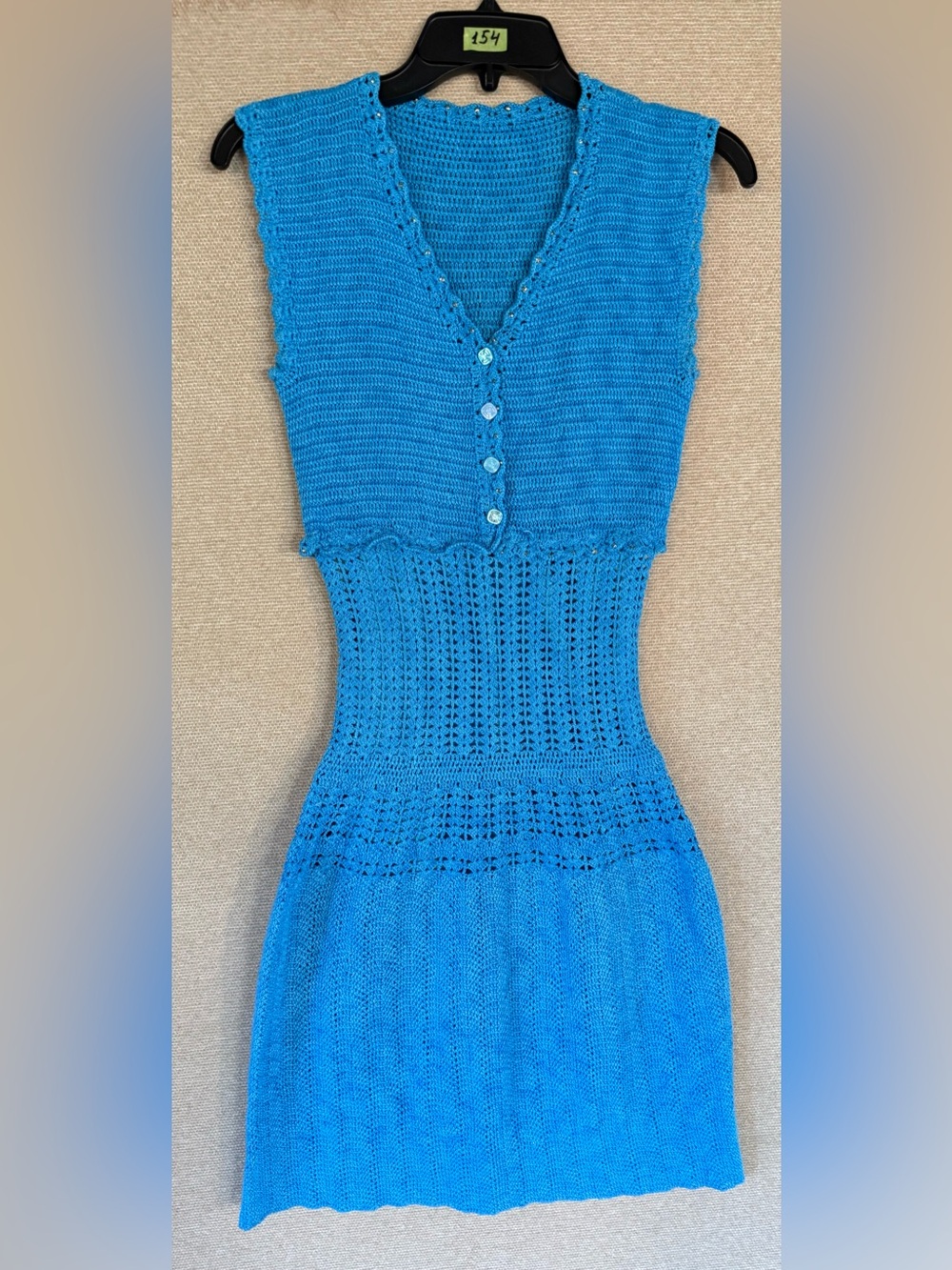 Sleeveless Bright Blue Knit Mini Dress with V-Neck Buttons